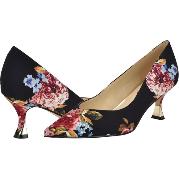 Nine West Womens Black Rose Leather Closed Pointed Toe Kitten Heels Pumps Shoes - Picture 6 of 6